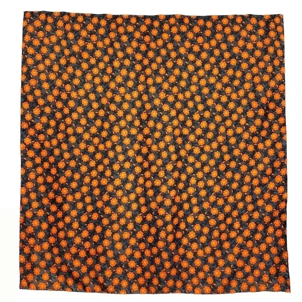 Silk Scarf Hand Rolled 34.5” Square Orange Gray Poppy Sunflower Daisy EUC